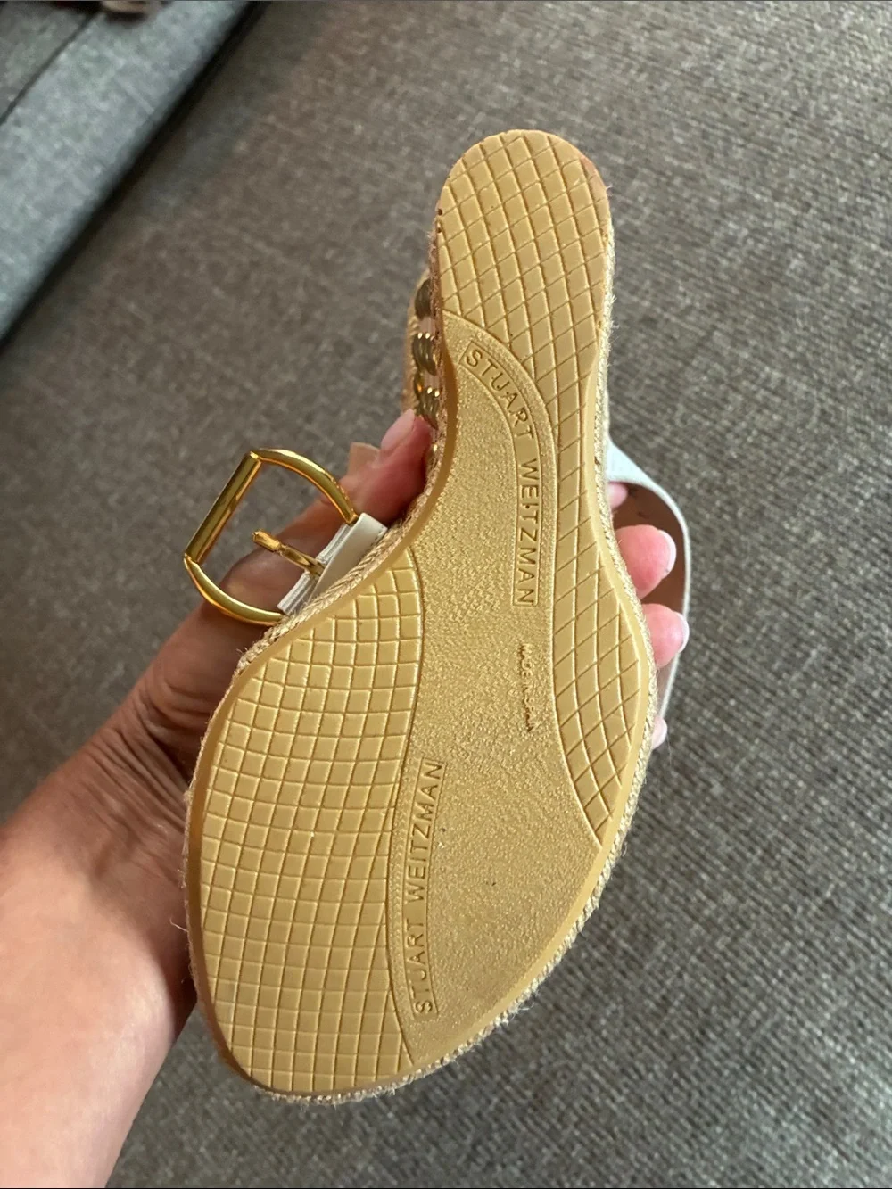 Stuart Weitzman White Espadrille Wedges with Gold Studs